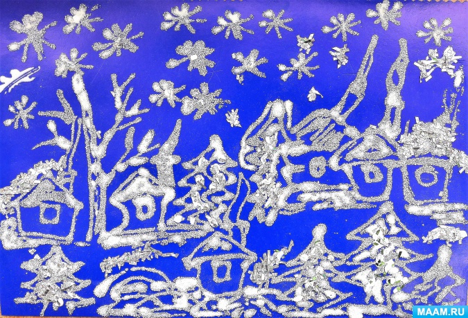 Коллективная аппликация из искусственного снега на рождественский мотив «Деревня ночью на опушке» (вторая младшая группа)